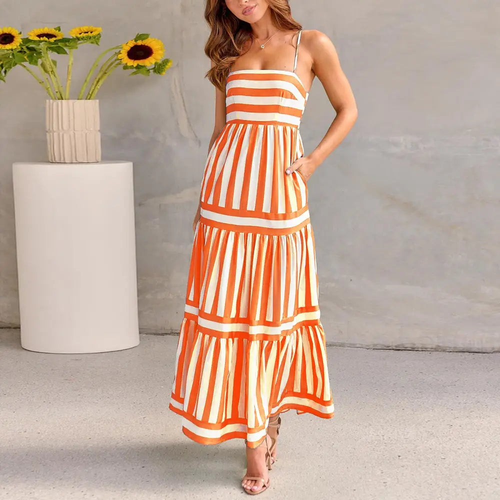 Summer Striped Printed Suspender Long Dress With Pockets Fashion Square Neck Backless Dresses For Beach Vacation Women Clothing - Beyond Trends Hub 