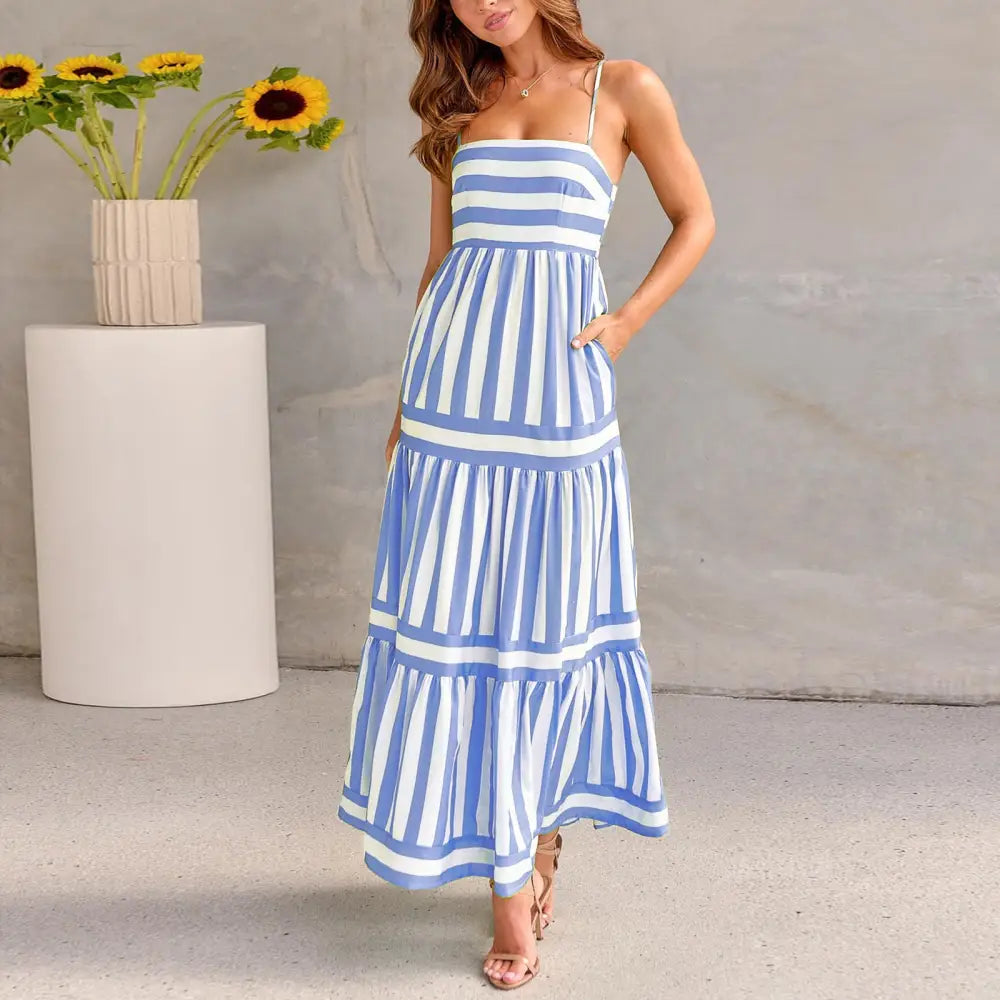 Summer Striped Printed Suspender Long Dress With Pockets Fashion Square Neck Backless Dresses For Beach Vacation Women Clothing - Beyond Trends Hub 