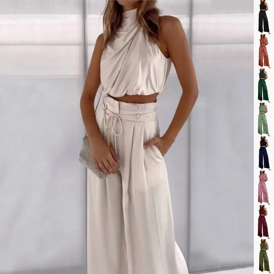 Summer Suits Casual Sleeveless Midriff-baring Top And Wide Leg Pants 2pcs Set Womens Clothing - Beyond Trends Hub 