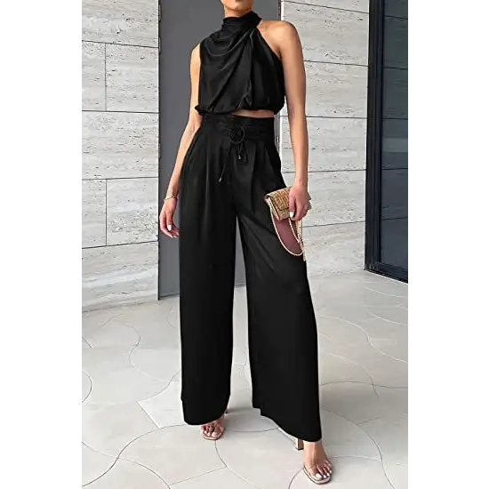 Summer Suits Casual Sleeveless Midriff-baring Top And Wide Leg Pants 2pcs Set Womens Clothing - Beyond Trends Hub 