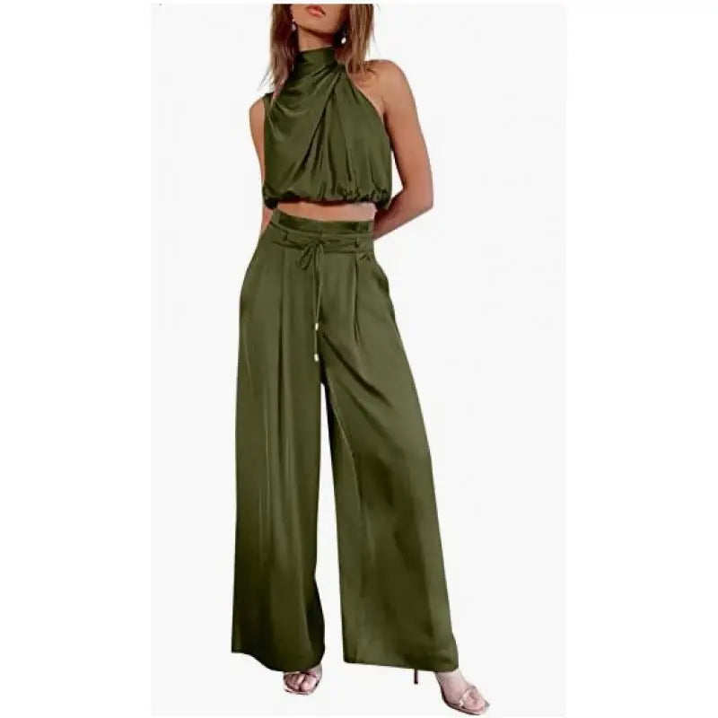 Summer Suits Casual Sleeveless Midriff-baring Top And Wide Leg Pants 2pcs Set Womens Clothing - Beyond Trends Hub 