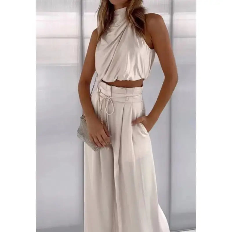 Summer Suits Casual Sleeveless Midriff-baring Top And Wide Leg Pants 2pcs Set Womens Clothing - Beyond Trends Hub 