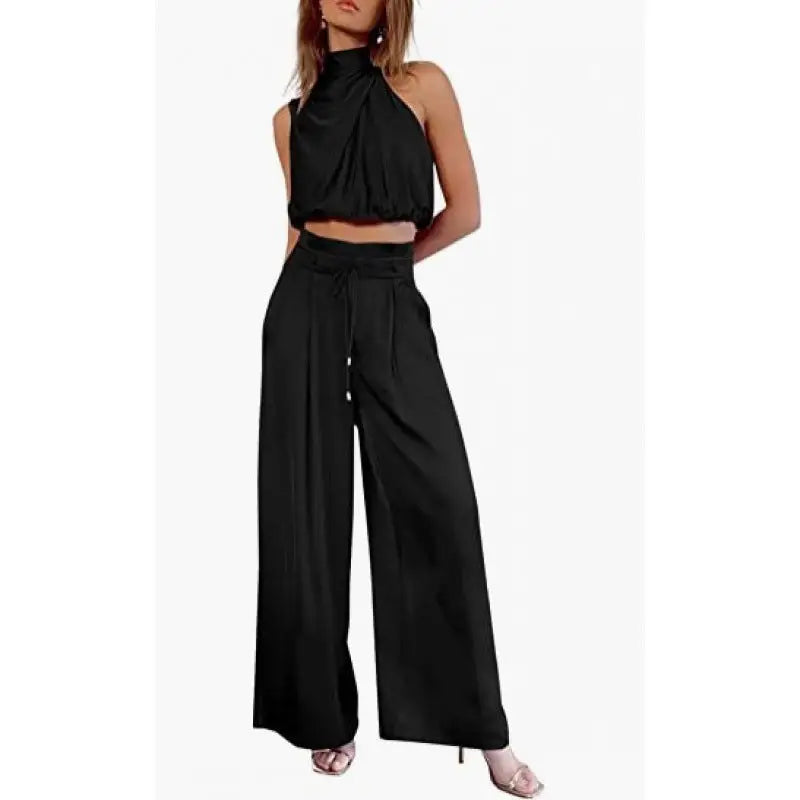 Summer Suits Casual Sleeveless Midriff-baring Top And Wide Leg Pants 2pcs Set Womens Clothing - Beyond Trends Hub 