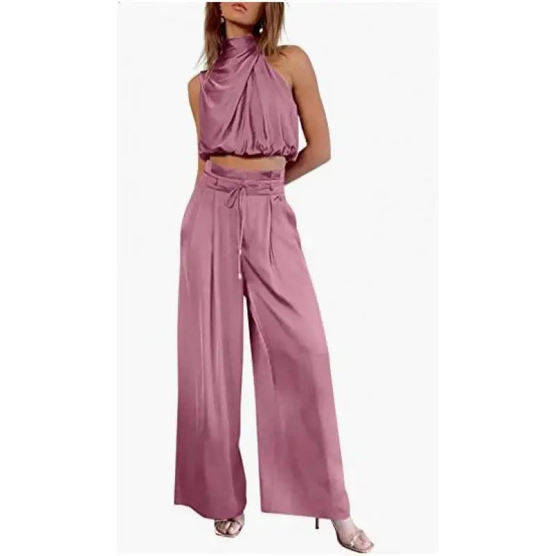 Summer Suits Casual Sleeveless Midriff-baring Top And Wide Leg Pants 2pcs Set Womens Clothing - Beyond Trends Hub 