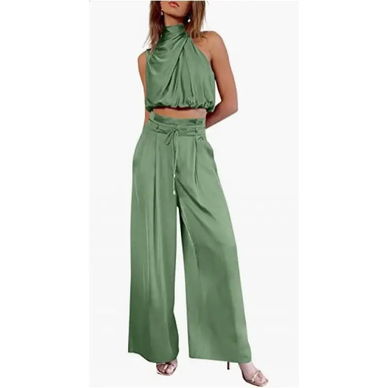Summer Suits Casual Sleeveless Midriff-baring Top And Wide Leg Pants 2pcs Set Womens Clothing - Beyond Trends Hub 