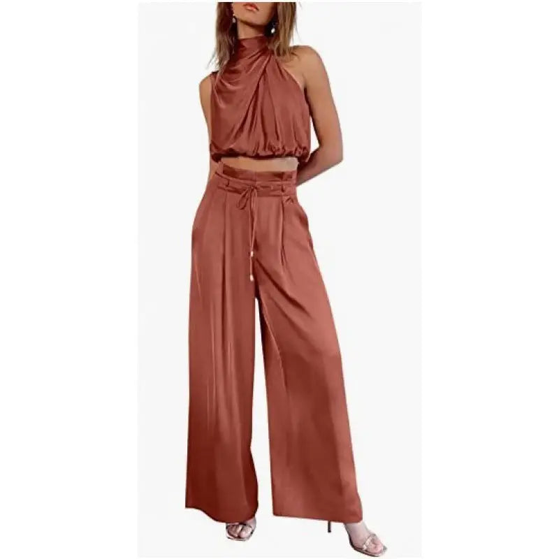 Summer Suits Casual Sleeveless Midriff-baring Top And Wide Leg Pants 2pcs Set Womens Clothing - Beyond Trends Hub 