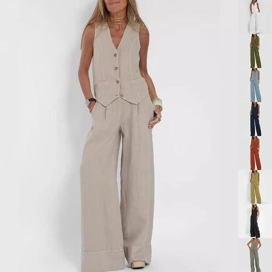 Summer Vest Suits V-neck Botton Sleeveless Top And Loose Straight Trousers Casual Womens Clothing - Beyond Trends Hub 