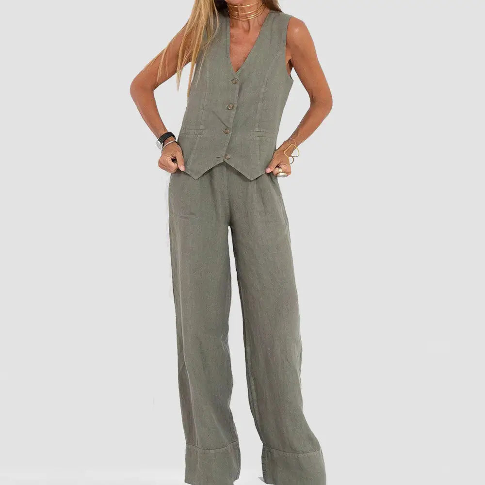 Summer Vest Suits V-neck Botton Sleeveless Top And Loose Straight Trousers Casual Womens Clothing - Beyond Trends Hub 