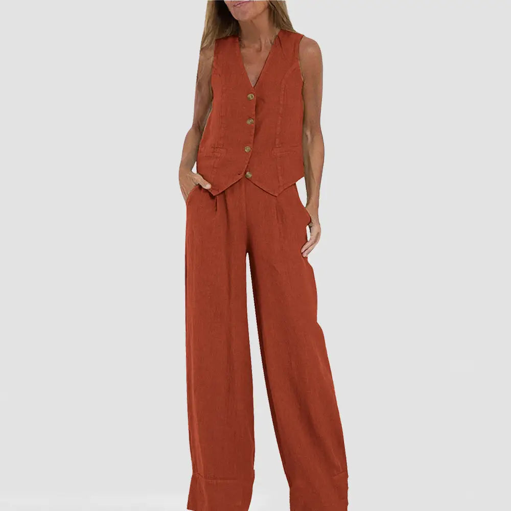 Summer Vest Suits V-neck Botton Sleeveless Top And Loose Straight Trousers Casual Womens Clothing - Beyond Trends Hub 
