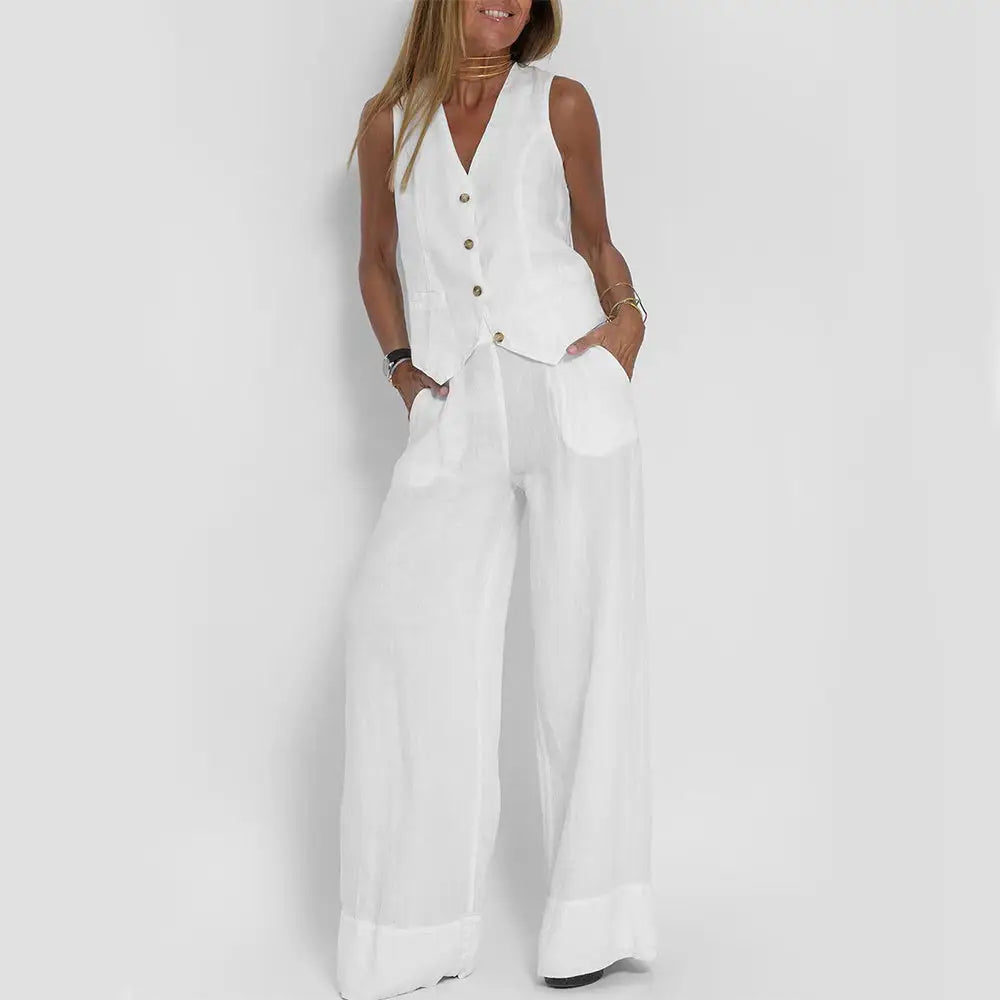 Summer Vest Suits V-neck Botton Sleeveless Top And Loose Straight Trousers Casual Womens Clothing - Beyond Trends Hub 