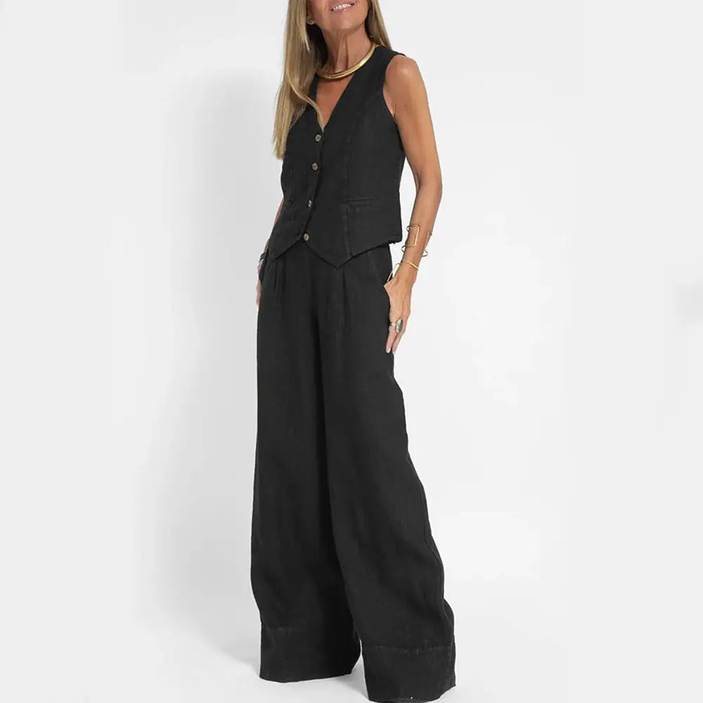 Summer Vest Suits V-neck Botton Sleeveless Top And Loose Straight Trousers Casual Womens Clothing - Beyond Trends Hub 