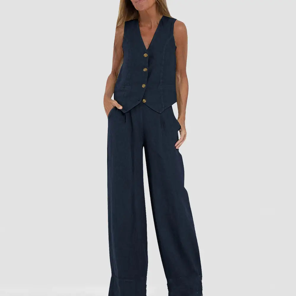 Summer Vest Suits V-neck Botton Sleeveless Top And Loose Straight Trousers Casual Womens Clothing - Beyond Trends Hub 