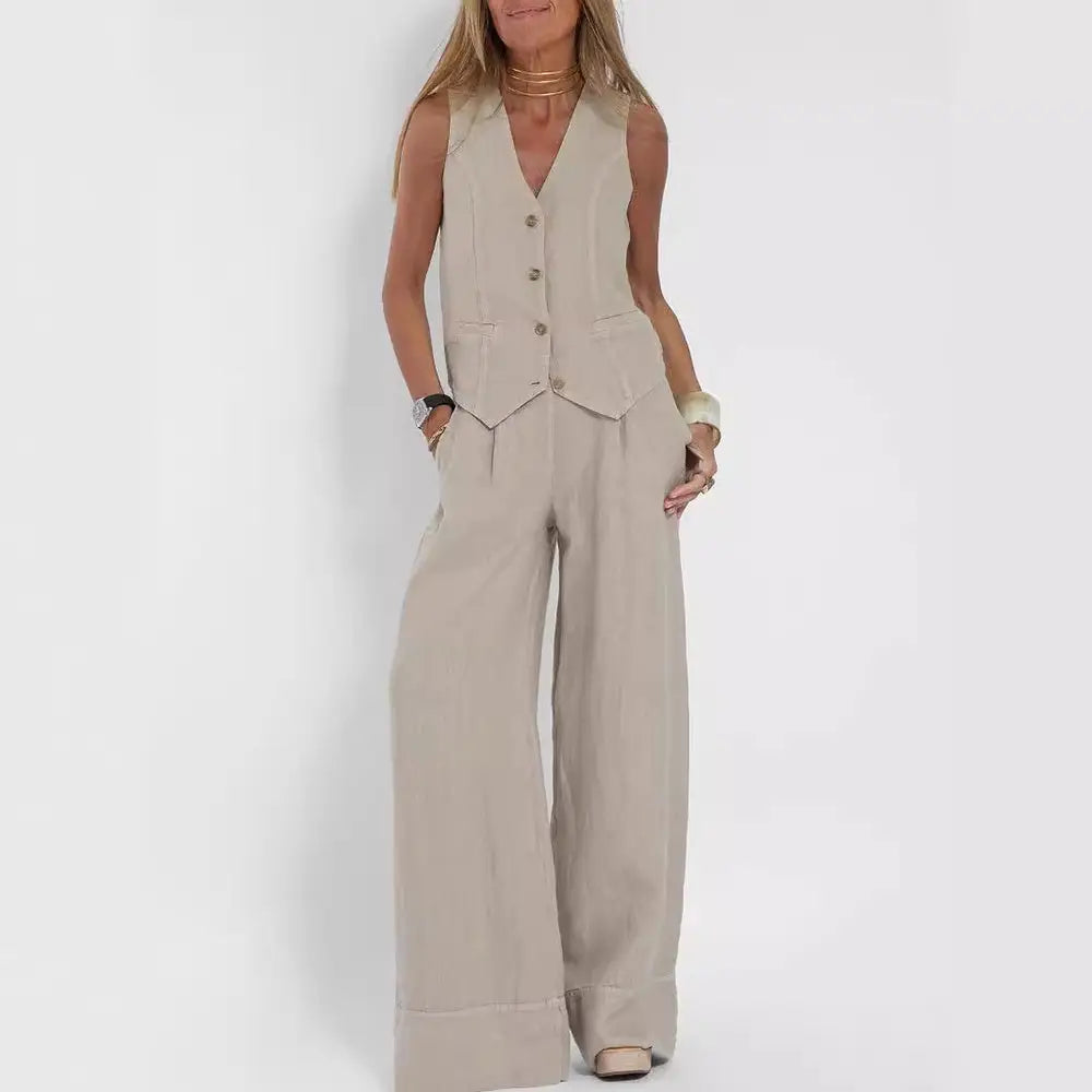 Summer Vest Suits V-neck Botton Sleeveless Top And Loose Straight Trousers Casual Womens Clothing - Beyond Trends Hub 