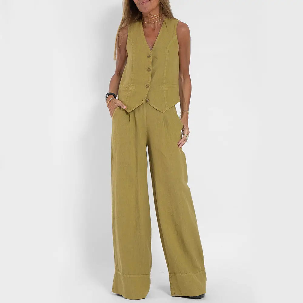 Summer Vest Suits V-neck Botton Sleeveless Top And Loose Straight Trousers Casual Womens Clothing - Beyond Trends Hub 