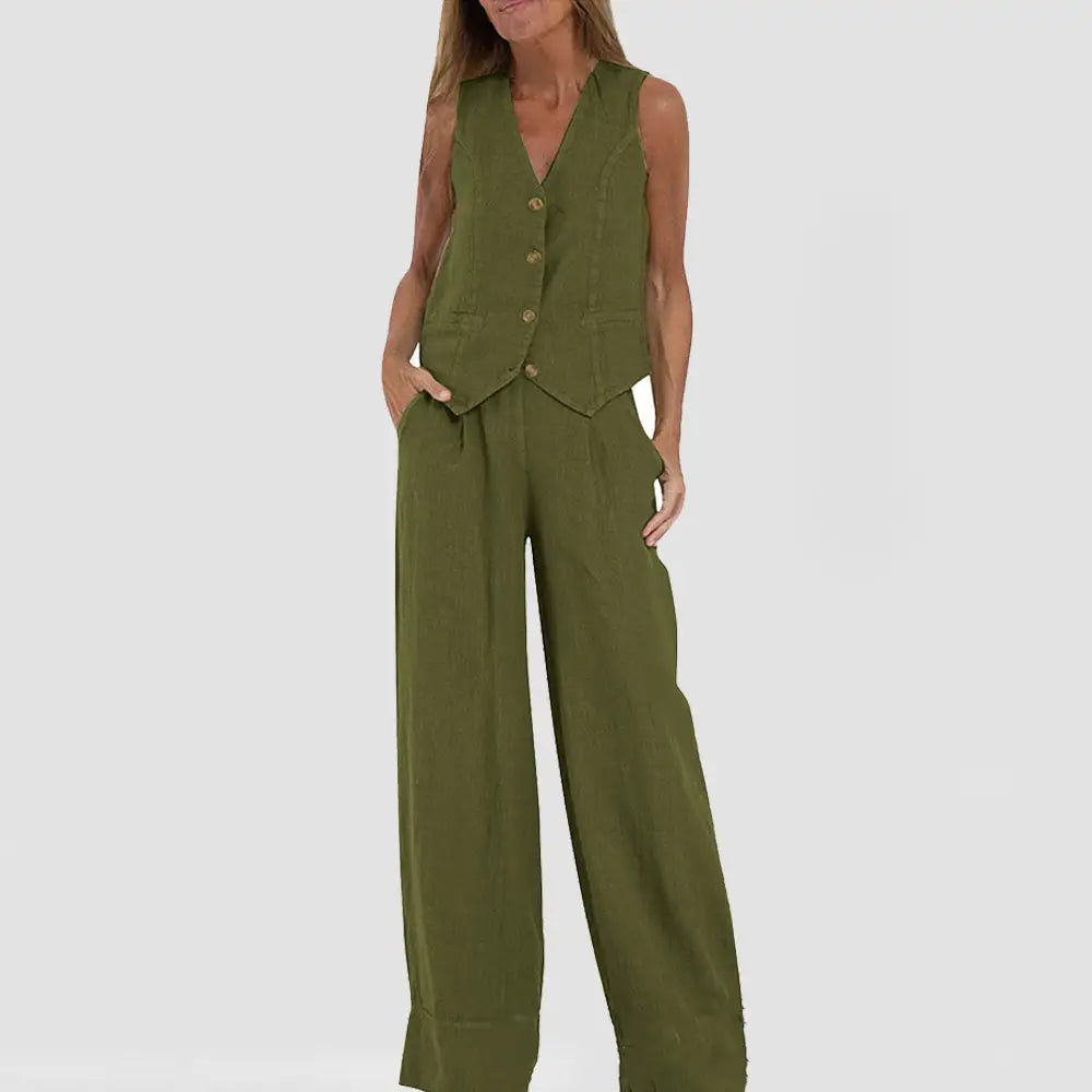 Summer Vest Suits V-neck Botton Sleeveless Top And Loose Straight Trousers Casual Womens Clothing - Beyond Trends Hub 