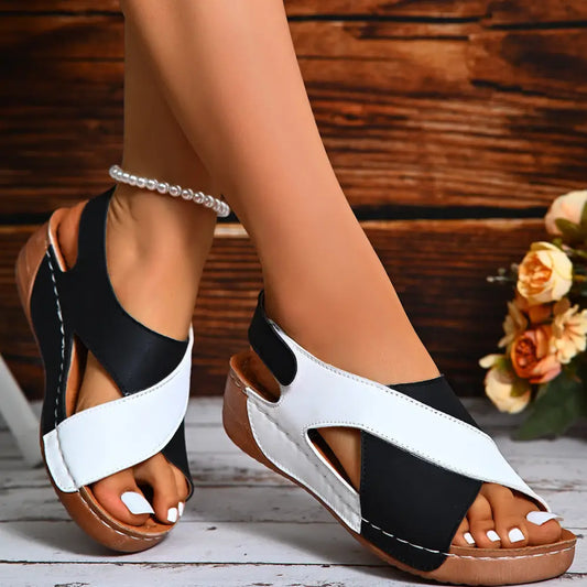 Summer Wedges Sandals With Colorblock Cross-strap Design Casual Thick-soled Roman Shoes For Women Beyond Trends Hub