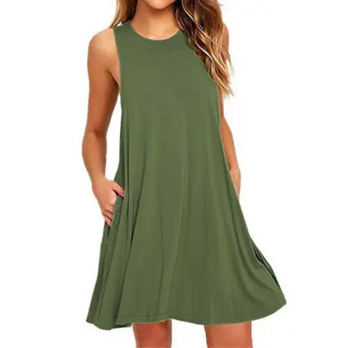 Summer Women Casual Pocket Dress Ladies T Shirt Dresses - Army Green / S