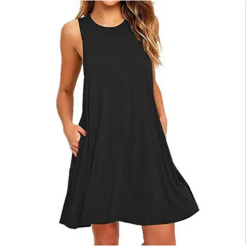 Summer Women Casual Pocket Dress Ladies T Shirt Dresses - Black / S