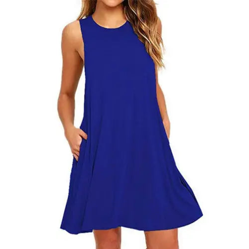 Summer Women Casual Pocket Dress Ladies T Shirt Dresses - Blue / S