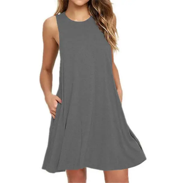Summer Women Casual Pocket Dress Ladies T Shirt Dresses - Grey / S