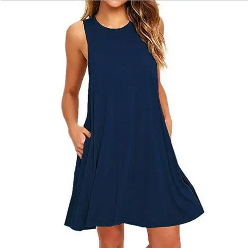 Summer Women Casual Pocket Dress Ladies T Shirt Dresses - Navy Blue / S