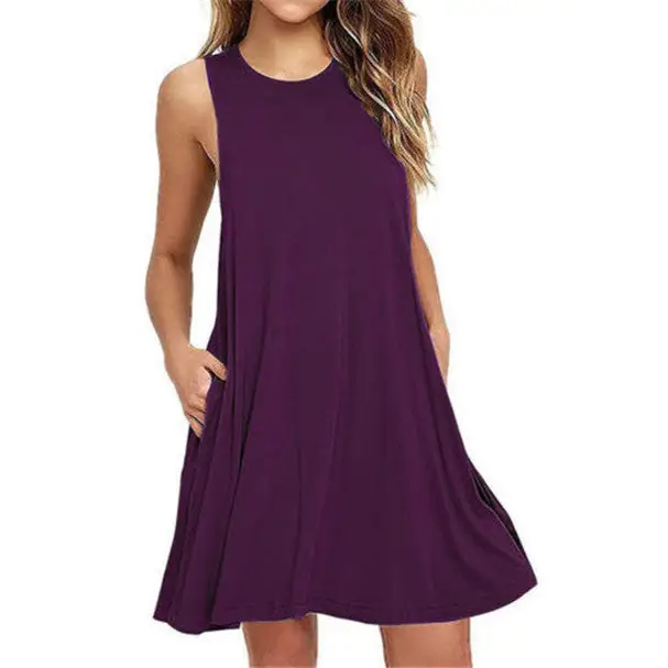 Summer Women Casual Pocket Dress Ladies T Shirt Dresses - Purple / S