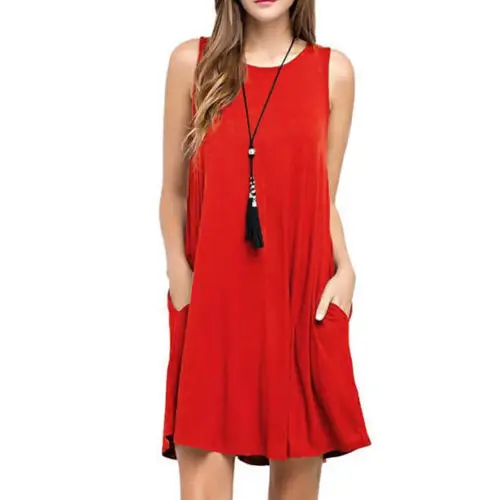 Summer Women Casual Pocket Dress Ladies T Shirt Dresses - Red / S