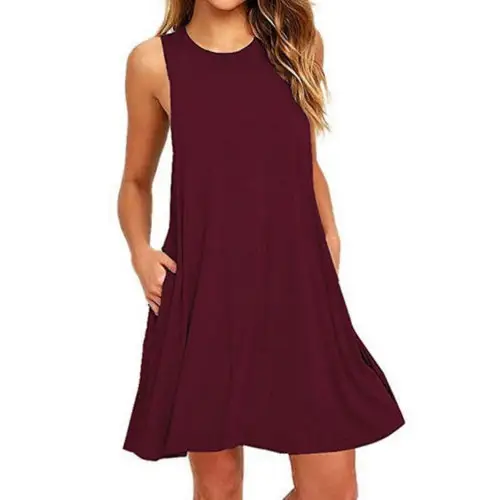 Summer Women Casual Pocket Dress Ladies T Shirt Dresses - Wine Red / S