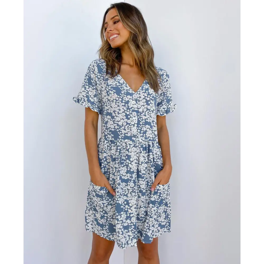Summer Women Mini Dresses Spring Short Sleeve Dot Printed - Blue / S