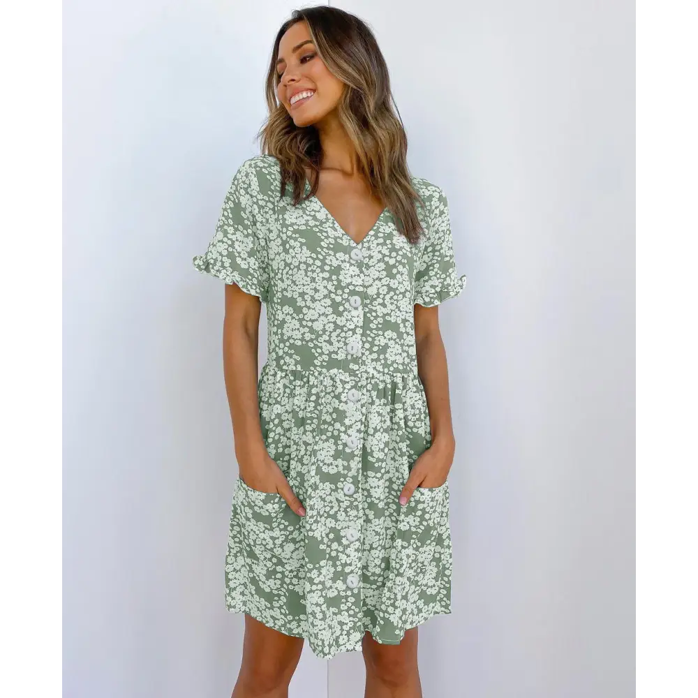 Summer Women Mini Dresses Spring Short Sleeve Dot Printed - Green / S