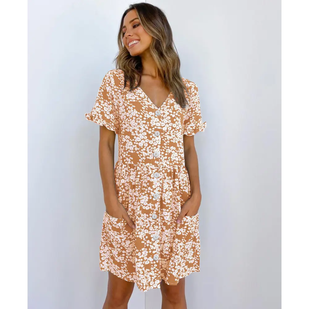 Summer Women Mini Dresses Spring Short Sleeve Dot Printed - Orange / S
