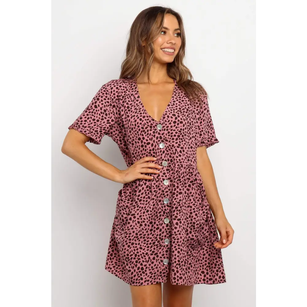 Summer Women Mini Dresses Spring Short Sleeve Dot Printed - Pink / S