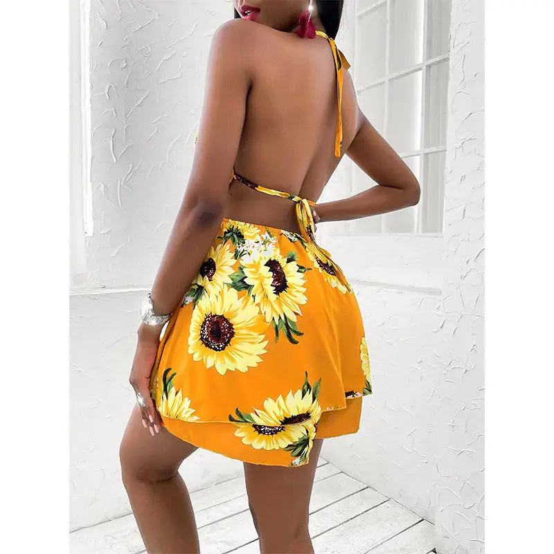 Sunflower V-neck Backless Casual Dress For Women