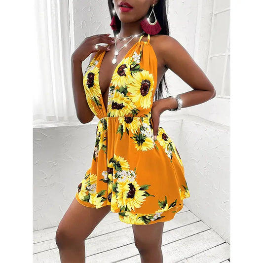 Sunflower V-neck Backless Casual Dress For Women - Yellow / S