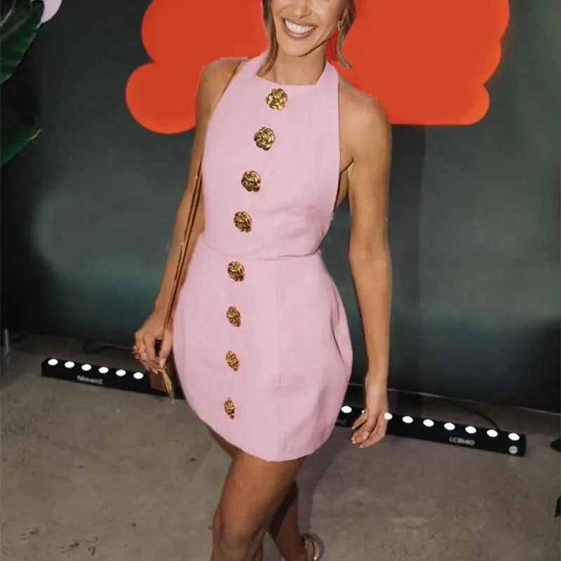 Sweet Sleeveless Backless Dress With Rose Button Design Summer Street Fashion Dresses Womens Clothing Beyond Trends Hub