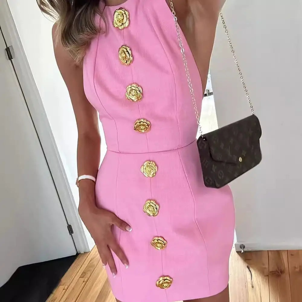 Sweet Sleeveless Backless Dress With Rose Button Design Summer Street Fashion Dresses Womens Clothing Beyond Trends Hub
