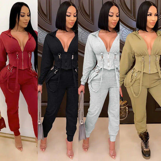 Temperament Commute Fashion Zipper Slim-fit Hat Collar Two-piece Set Nightclub Uniforms - Beyond Trends Hub 
