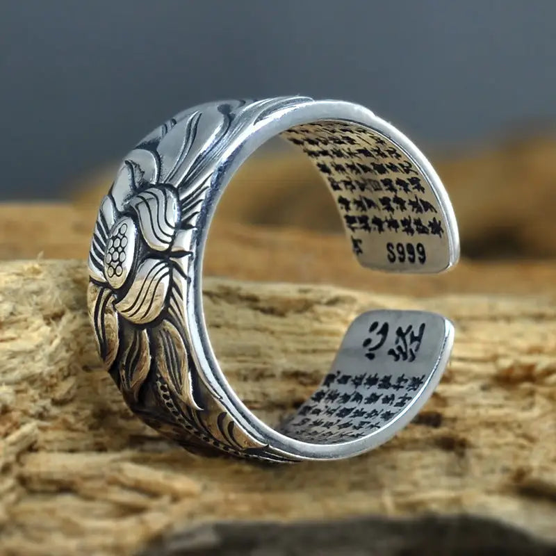 Thai Silver Black Men'S And Women'S Lotus Heart Sutra  Ring Beyond Trends Hub