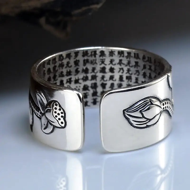 Thai Silver Black Men'S And Women'S Lotus Heart Sutra  Ring Beyond Trends Hub