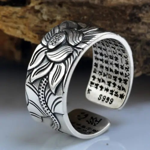 Thai Silver Black Men'S And Women'S Lotus Heart Sutra  Ring Beyond Trends Hub