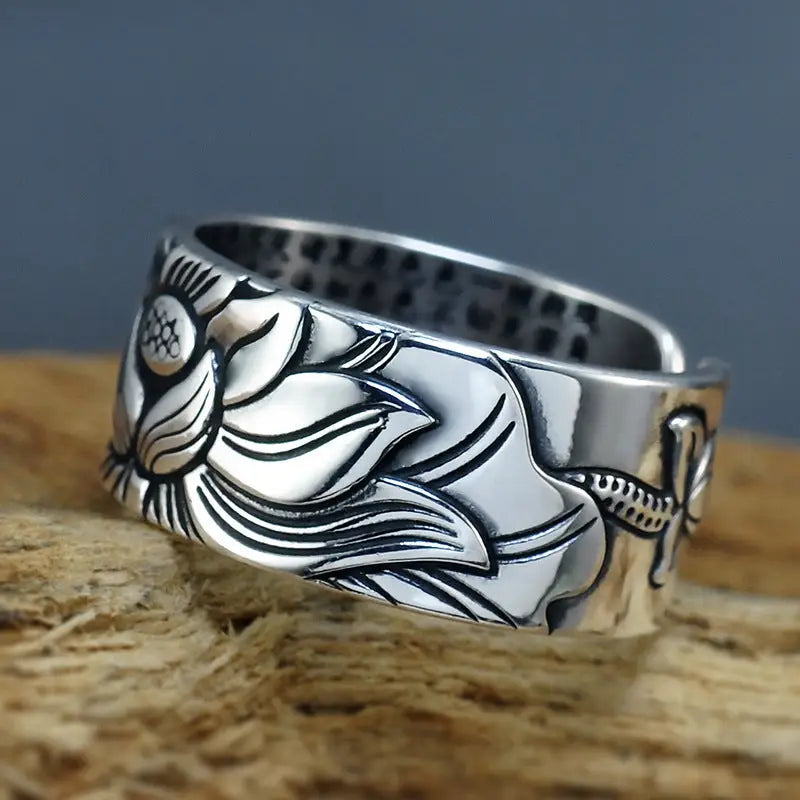 Thai Silver Black Men'S And Women'S Lotus Heart Sutra  Ring Beyond Trends Hub