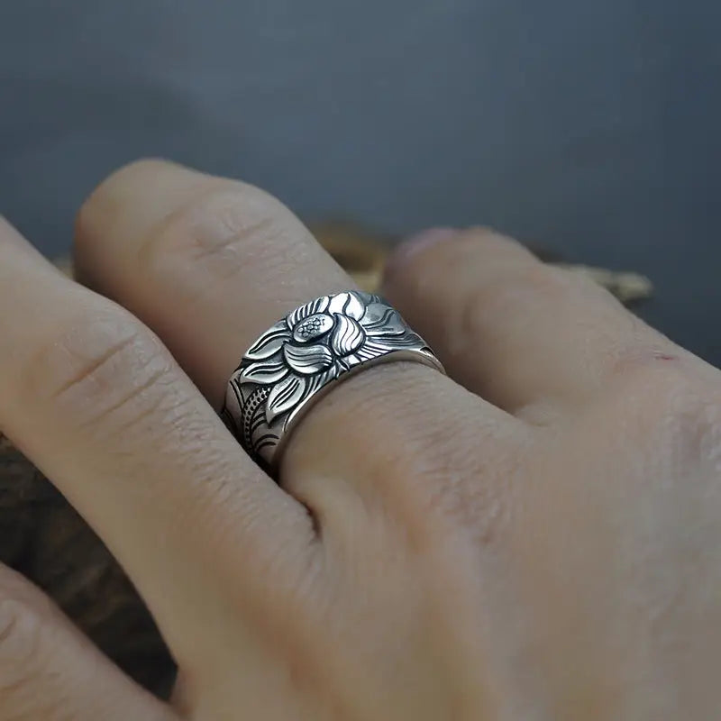 Thai Silver Black Men'S And Women'S Lotus Heart Sutra  Ring Beyond Trends Hub