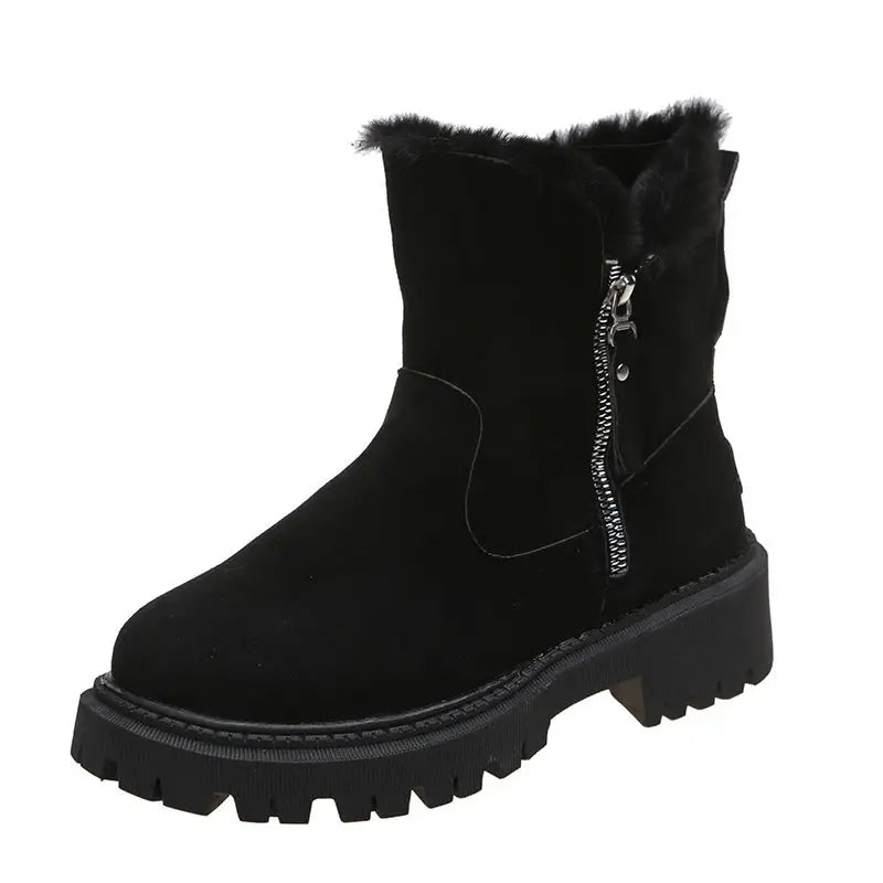 Thick Plush Snow Boots Women Faux Suede Non-slip Winter Shoes - Black / Size35