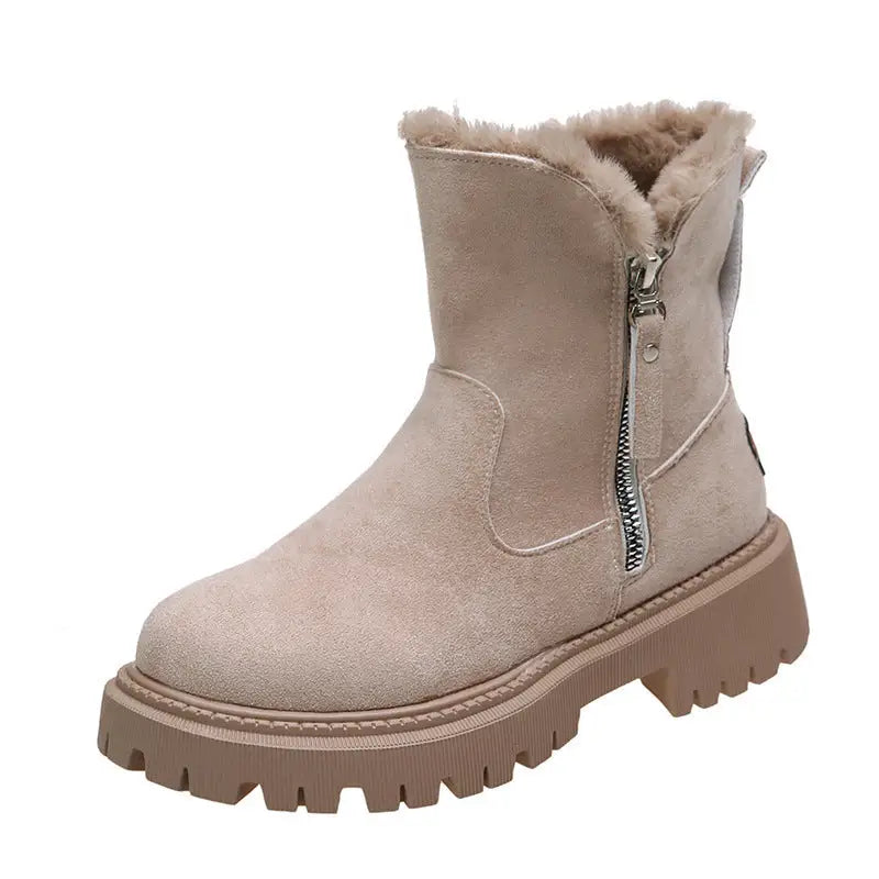 Thick Plush Snow Boots Women Faux Suede Non-slip Winter Shoes - Khaki / Size35