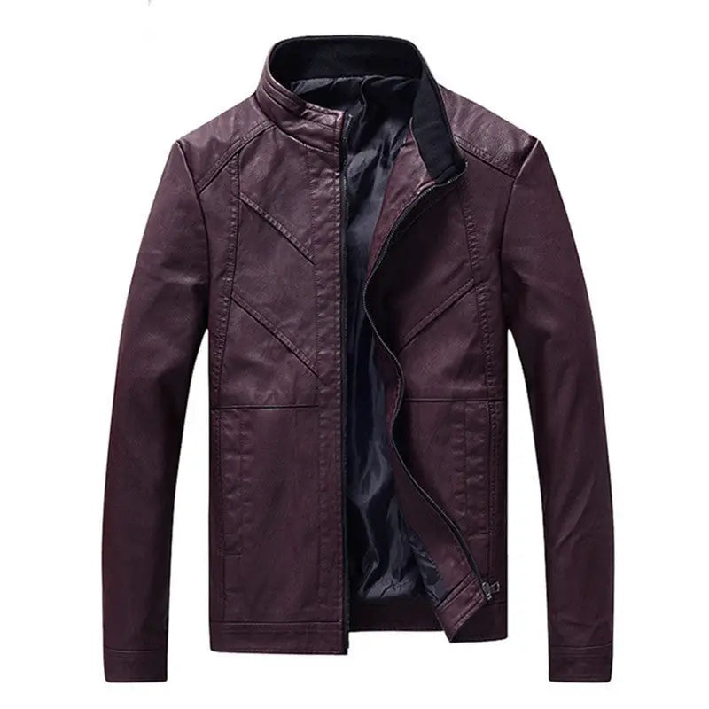 Thin Men’s Stand Collar Striped Pu Leather Jacket Large Size