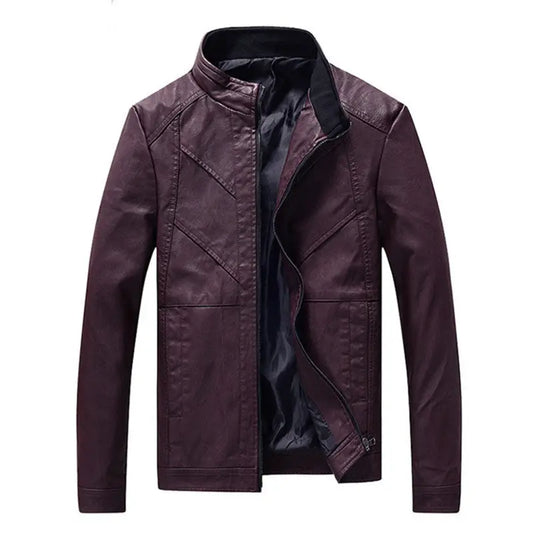 Thin Men’s Stand Collar Striped Pu Leather Jacket Large Size