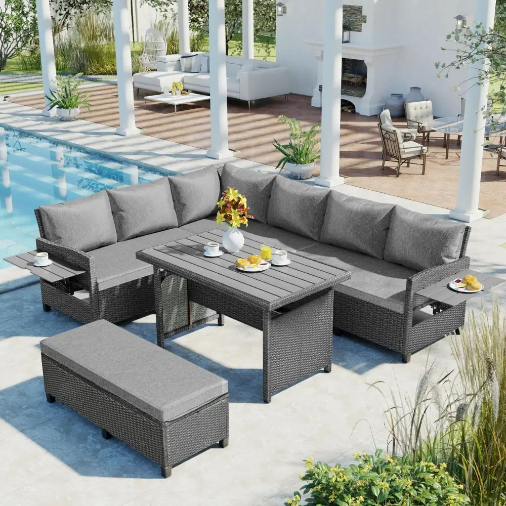 TOMAX 5-Pc Outdoor Patio Rattan Sofa Set L-Shaped PE Wicker Garden Furniture - Gray - 5
