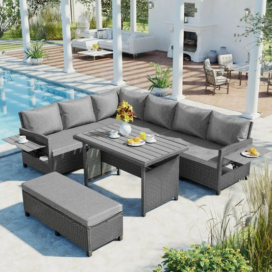 TOMAX 5-Pc Outdoor Patio Rattan Sofa Set L-Shaped PE Wicker Garden Furniture - Gray - 5