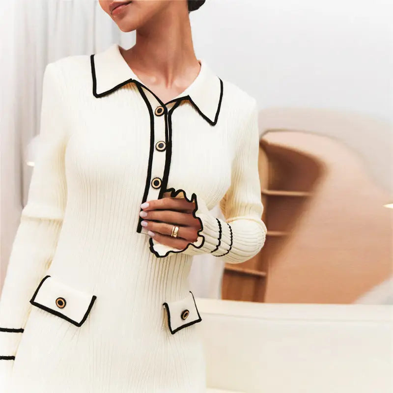Trumpet-sleeved Knitted Dress Fashion Slim Lapel Button Dresses Fall Wainter Women's Clothing Beyond Trends Hub
