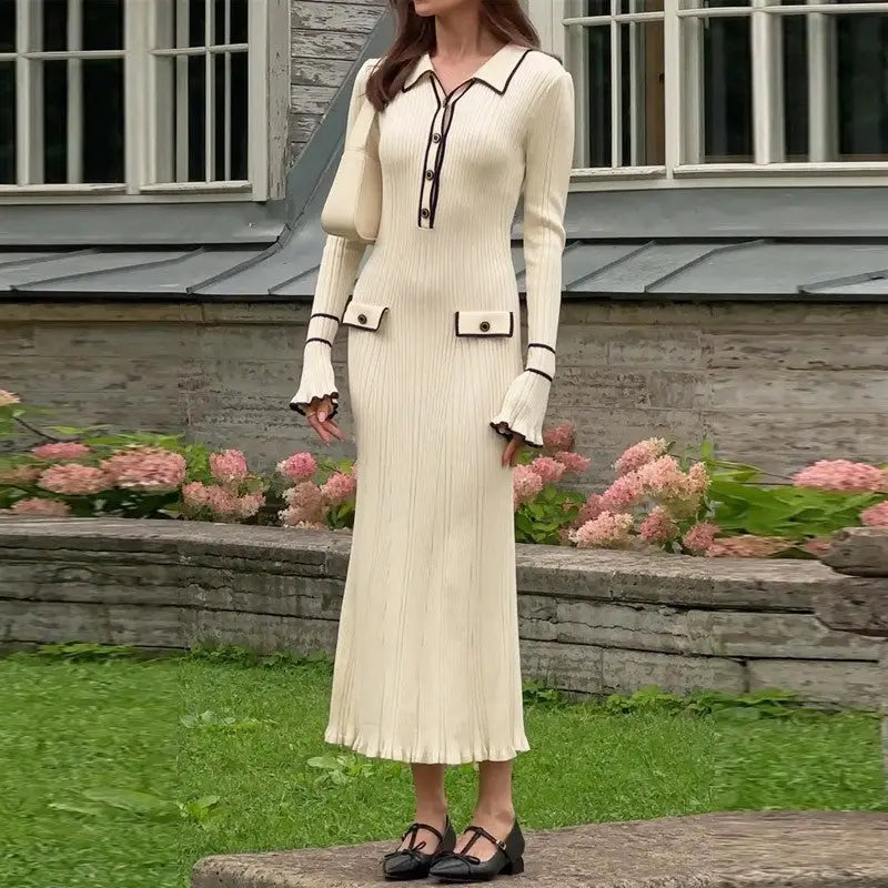 Trumpet-sleeved Knitted Dress Fashion Slim Lapel Button Dresses Fall Wainter Women's Clothing Beyond Trends Hub